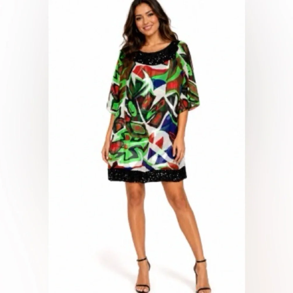Cache Vintage Sequin Geometric Printed Sheer Silk Dress Size Small